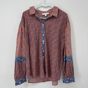 J.Jill Mixed Print Button Up Shirt Long Sleeve Organic Cotton Floral Size Medium